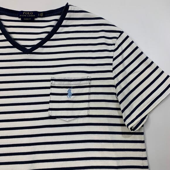 Polo Ralph Lauren Shirt Mens L White Navy Classic Fit Striped V Neck Pocket Tee - Picture 3 of 9